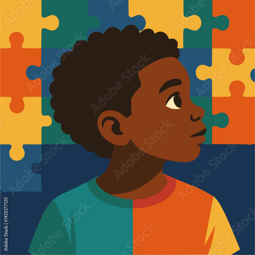black boy child with puzzle pieces. Concept for Disability Pride Month, world brain day, mental health and brain neurological health, autism spectrum disorder.