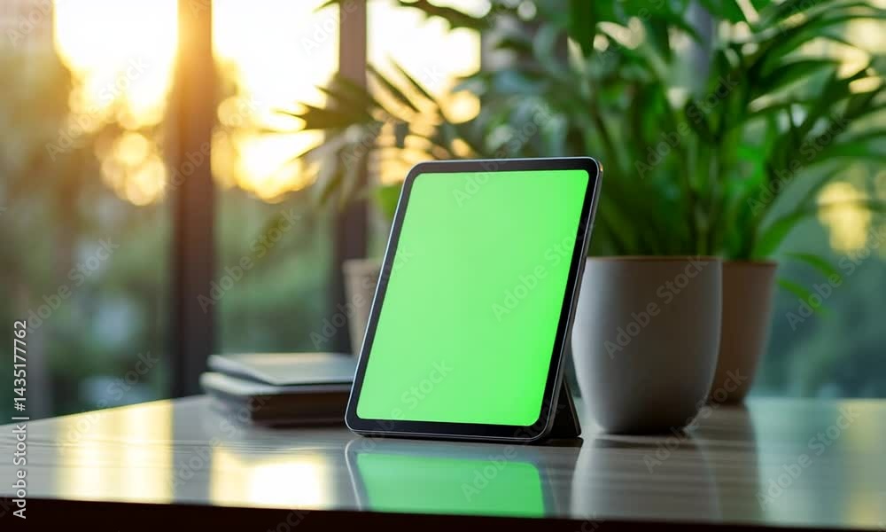Tablet with Green Screen Mockup on Desk with Sunset Light Tablet with Green Screen Mockup on Desk with Sunset Light