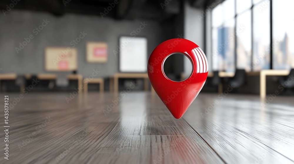 Fototapeta premium Red marker pin on office floor, city view