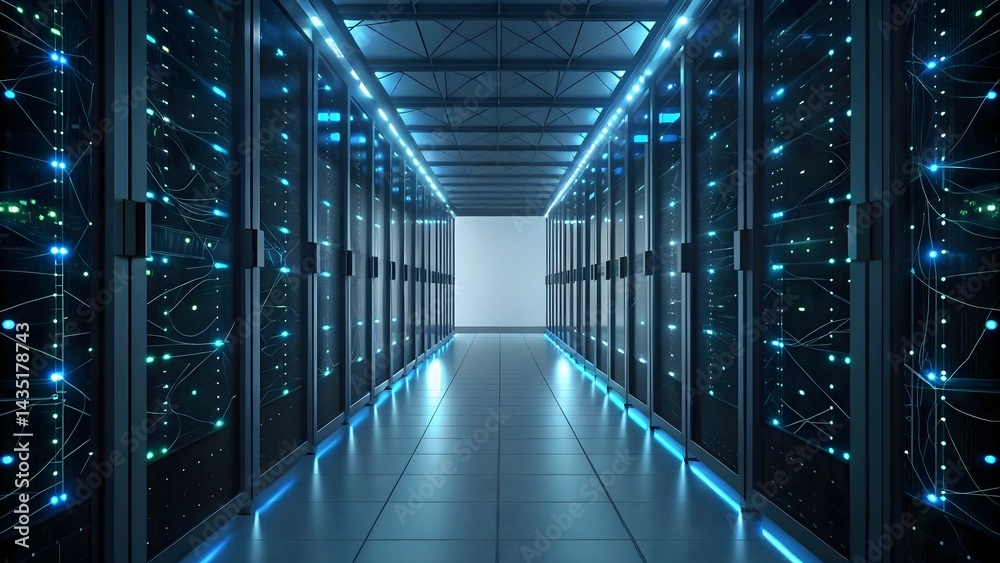 Fototapeta premium Data center server room with rack servers and network connections