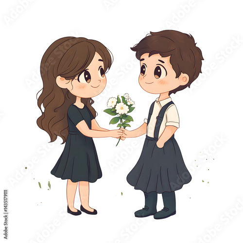Cartoon girl giving a bouquet of white flowers to another cartoon girl against a black background