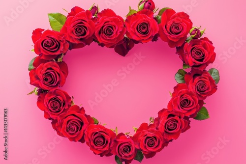 Heart-shaped frame made of bright red roses, isolated on a solid vibrant pink background,