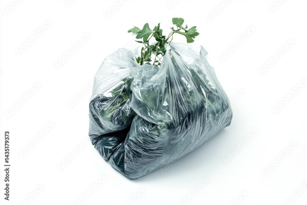 A plastic bag holding green plants symbolizes waste and environmental concerns. This image raises awareness of pollution and sustainability. Generative AI