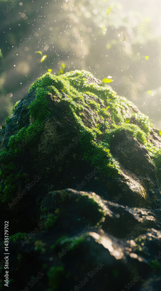 Fototapeta premium Moss-covered rock dew-covered deep green hyper-realistic nature scene perfect for forest tranquility and natural beauty visuals