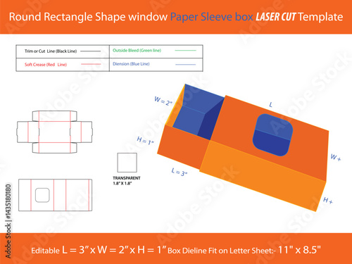 Round Corner Rectangle Shape window Paper Sleeve box LASER CUT Template