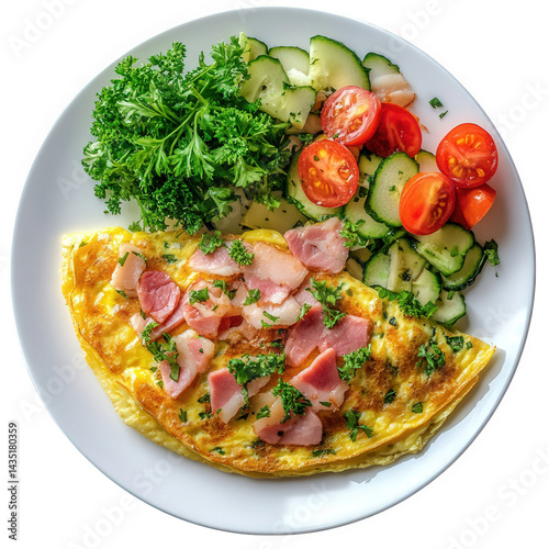 a delicious plate of food featuring a golden omelette filled with ham and garnished with herbs. accompanied by a fresh salad of sliced cucumbers and cherry tomatoes. along with a sprig of parsley the