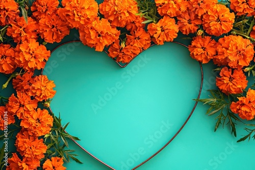 Heart-shaped frame made of bright orange marigolds, isolated on a solid vibrant turquoise background,