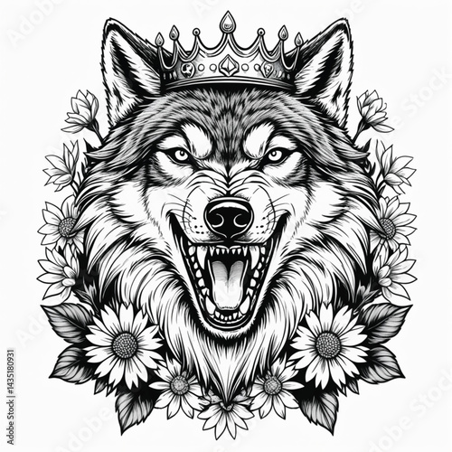 Illustration of a wolf's head wearing a crown with flowers around it generate AI.