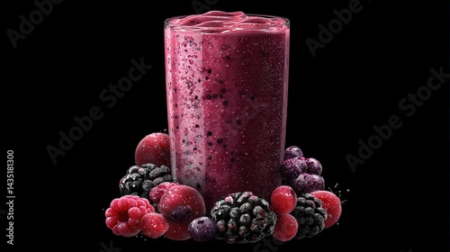 Elegant glass of frozen berry smoothie with fruit and a candle on a realistic black background for cozy atmosphere