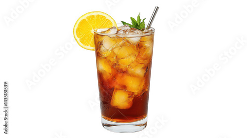 a refreshing glass of iced tea sits on a white background. filled with ice cubes and garnished with a lemon slice and a sprig of mint the drink appears cold and inviting. perfect for quenching thirst