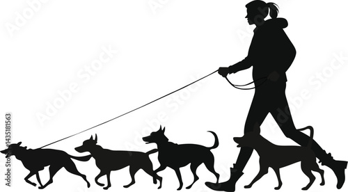Silhouette of a woman walking with dogs isolated on a white background – elegant female figure with pets, perfect for design and visual projects