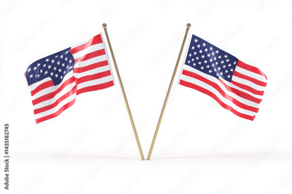 Fototapeta premium Two American flags waving on flagpoles isolated on a white background showing a patriotic concept with wind movement, 3D rendering.