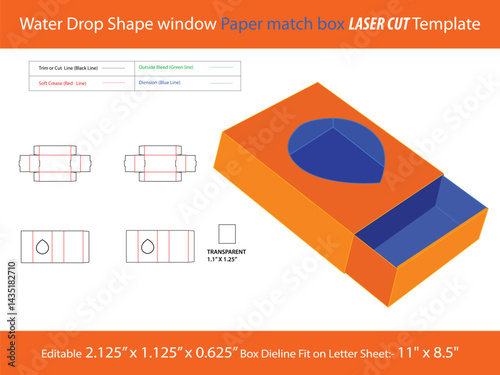 Water Drop Shape window Paper match box LASER CUT Template