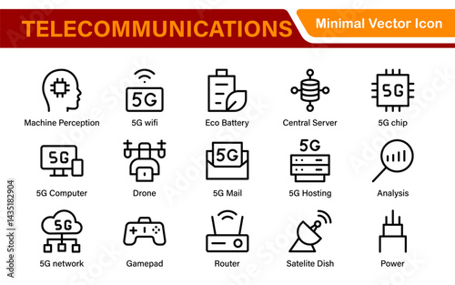 Modern 5G Telecommunications Line Icons – Minimalist Vector Outline Illustrations for Wireless Tech, Mobile Data, Network Infrastructure, and IoT Connectivity