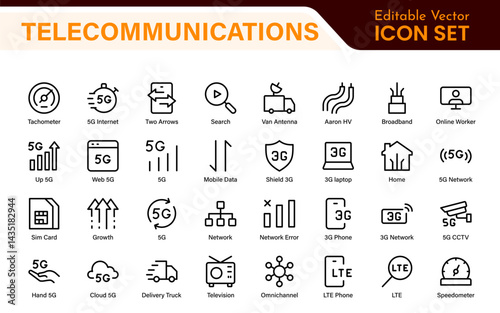 Modern 5G Telecommunications Line Icons – Minimalist Vector Outline Illustrations for Wireless Tech, Mobile Data, Network Infrastructure, and IoT Connectivity