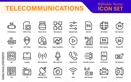 Modern 5G Telecommunications Line Icons – Minimalist Vector Outline Illustrations for Wireless Tech, Mobile Data, Network Infrastructure, and IoT Connectivity