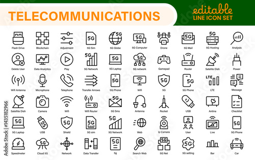 Modern 5G Telecommunications Line Icons – Minimalist Vector Outline Illustrations for Wireless Tech, Mobile Data, Network Infrastructure, and IoT Connectivity