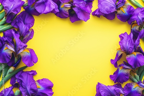 Heart-shaped frame of bold bright purple irises, isolated on a solid lemon yellow background,