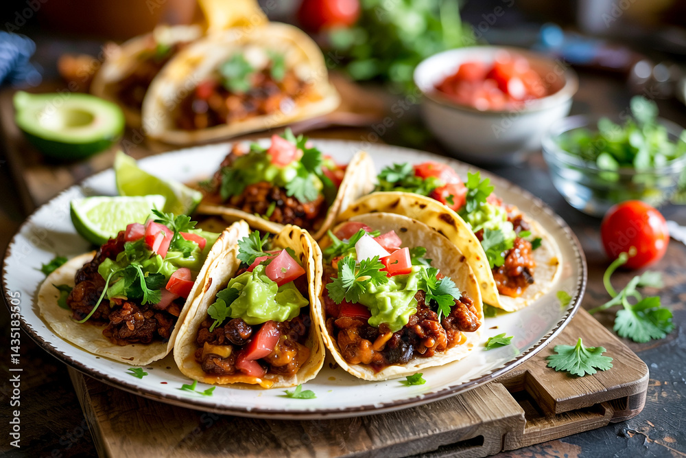 Appetizing Vegan Tacos With Guacamole Tomato Salsa And Cilantro Served On A Rustic Wooden Board Perfect Meal Appetizing Vegan Tacos With Guacamole Tomato Salsa And Cilantro Served On A Rustic Wooden Board Perfect Meal