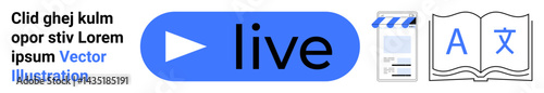 Blue live button with play icon, clapperboard, and book with translation symbols. Ideal for streaming, education, media, live broadcasts, online courses, translation and a simple landing page