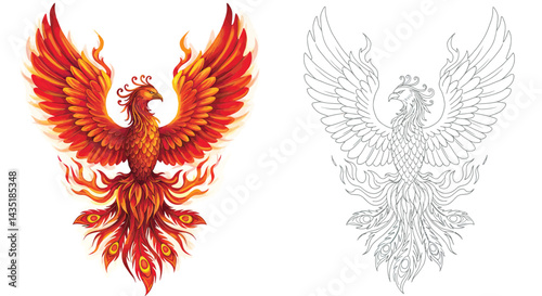 Phoenix Rebirth: A vibrant, digitally enhanced image of a mythical phoenix, flames and a monochrome outline, symbolizing rebirth, renewal, and transformation.