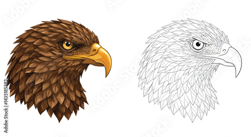 Eagle's Gaze: A striking digital illustration featuring a side-profile portrait of a majestic eagle's head, showcasing its intense gaze and detailed feather patterns in both color and outline.