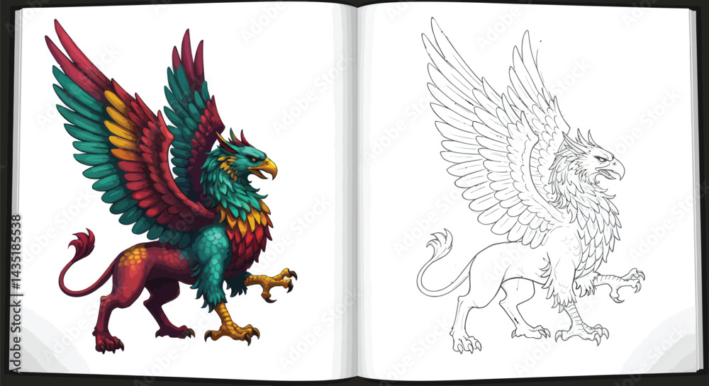 Obraz premium Mythical Creature Coloring Page: A stunningly detailed illustration of a mythical griffin in color, ready for imaginative coloring, paired with a line art version for added creative fun.