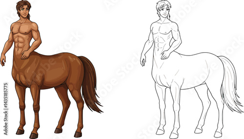 The Centaur Illustration: A striking illustration showcasing a mythical centaur, the human upper body and the horse lower body, in both color and line art.