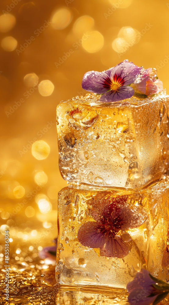 Gold ice cubes with edible flowers and water drops luxurious cooling beauty perfect for elegant cocktails and upscale summer themes
