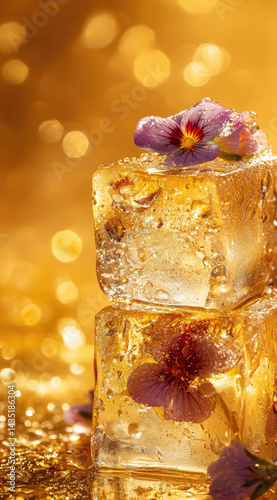 Obraz na płótnie Gold ice cubes with edible flowers and water drops luxurious cooling beauty perfect for elegant cocktails and upscale summer themes w salonie