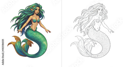 Mermaid Coloring Page: A whimsical mermaid with flowing green hair and a shimmering green tail.  This illustration includes both a colored version and a line-art version perfect for coloring.