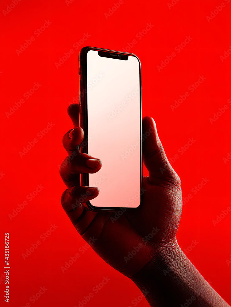 Smart Communication: An artistic shot presents a close-up view of a hand holding a modern smartphone against a dynamic vibrant background. Reflecting contemporary lifestyle.