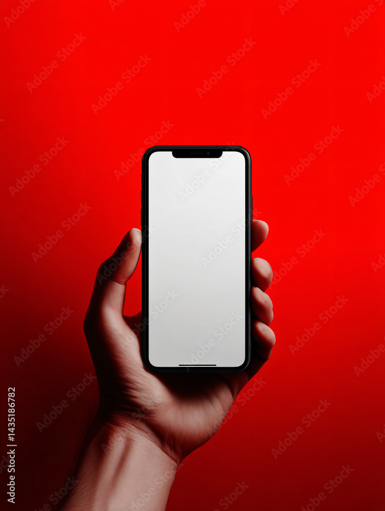Mobile Technology Presentation: A person holds a smartphone with a blank screen, set against a vivid red backdrop, perfect for mockups, showcasing apps, and emphasizing technology and communication.