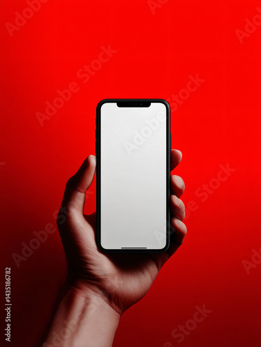Obraz na płótnie Mobile Technology Presentation: A person holds a smartphone with a blank screen, set against a vivid red backdrop, perfect for mockups, showcasing apps, and emphasizing technology and communication. w salonie