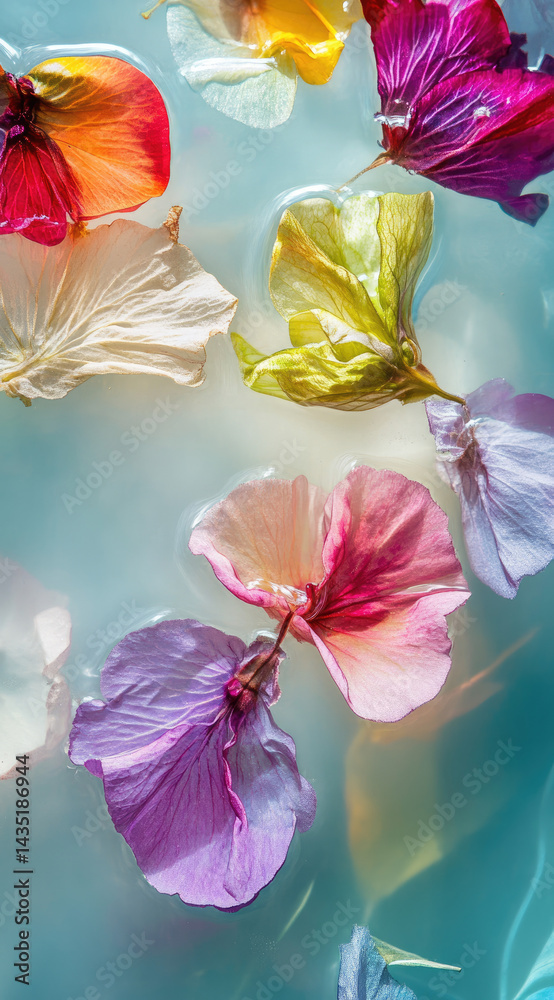Colorful wildflower petals floating in clear water gentle natural beauty perfect for spa wellness and springtime freshness themes