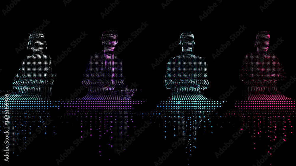 Digital Symphony: A quartet of figures, transformed into abstract pixelated forms, are poised in mid-performance, their bodies merging with a shimmering wave of digital sound.