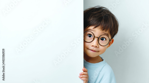 Obraz na płótnie Curious Peek: A young child with spectacles peeks from behind a clean board, an endearing portrait of innocence and wonder, embodying a blend of curiosity and charm w salonie
