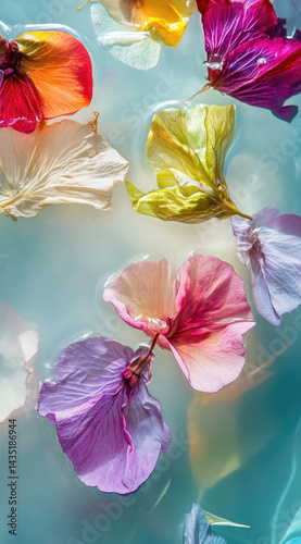 Obraz na płótnie Colorful wildflower petals floating in clear water gentle natural beauty perfect for spa wellness and springtime freshness themes w salonie
