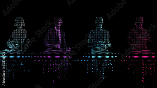 Obraz na płótnie Digital Symphony: A quartet of figures, transformed into abstract pixelated forms, are poised in mid-performance, their bodies merging with a shimmering wave of digital sound. w salonie
