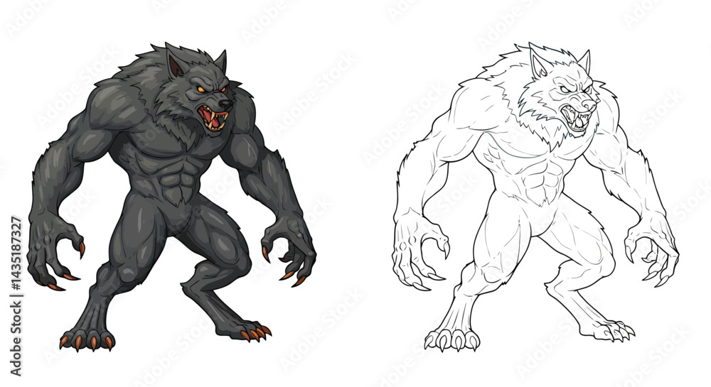 Fototapeta premium Werewolf Illustration: A captivating illustration of a ferocious werewolf in a detailed, dynamic pose with intricate lines. This illustration captures the essence of the classic creature.