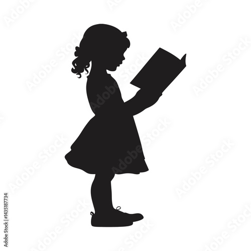 Little girl silhouette reading storybook childhood learning education moment.