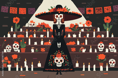 Festive female figure in traditional attire with skull motifs and marigolds at decorated altar.