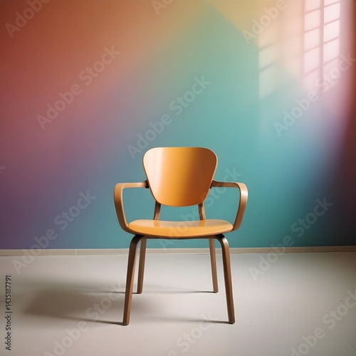 An orange chair positioned in front of a vibrant, multi-colored wall