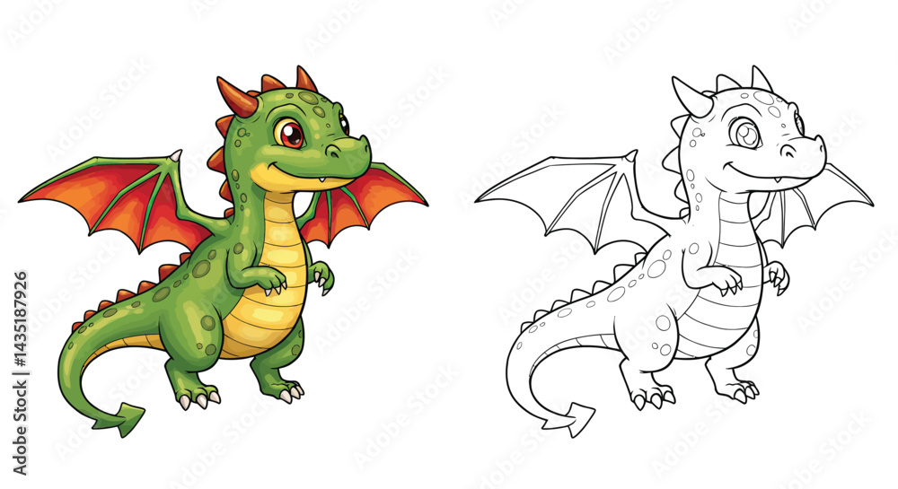 Obraz premium Whimsical Dragon Fantasy: A friendly, vibrant dragon illustration, embodying the charm of a mythical creature with a playful demeanor. This artwork radiates joy, perfect for imaginative concepts.