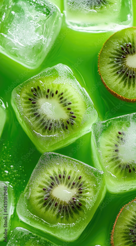 Neon green ice cubes with kiwi slices and moisture vibrant tropical freshness perfect for healthy drinks and bright summer themes