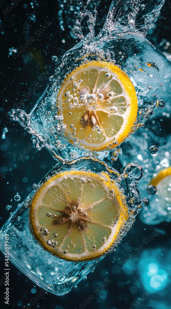 Freshly squeezed lemon slices floating in sparkling water zesty refreshing perfection perfect for citrus beverages and wellness imagery