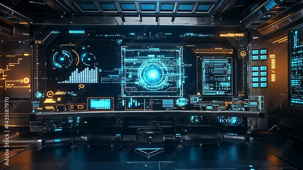 Futuristic control room with holographic displays active Futuristic control room with holographic displays active