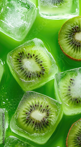 Obraz na płótnie Neon green ice cubes with kiwi slices and moisture vibrant tropical freshness perfect for healthy drinks and bright summer themes w salonie