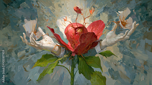 Obraz na płótnie Rose of Devotion: A surreal composition, a blooming rose at the heart of an intricate floral arrangement, intertwined with the delicacy of human touch. w salonie