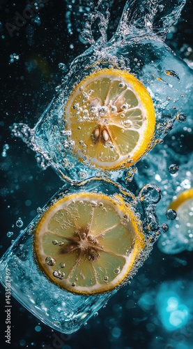 Obraz na płótnie Freshly squeezed lemon slices floating in sparkling water zesty refreshing perfection perfect for citrus beverages and wellness imagery w salonie